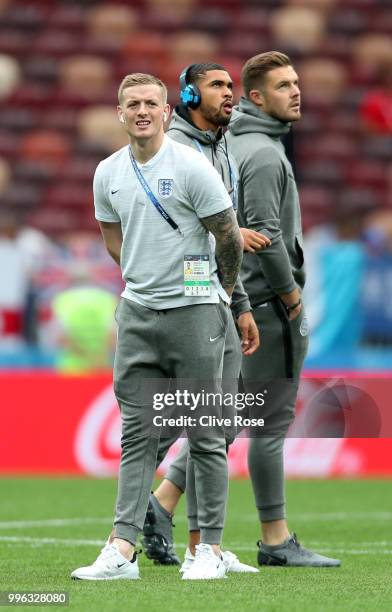 Jordan Pickford of England looks on during a pitch inspection prior to the 2018 FIFA World Cup Russia Semi Final match between England and Croatia at...