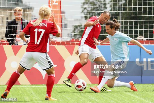 Cafu controls the ball during the Legends Football Match in "The park of Soccer and rest" at Red Square on July 11, 2018 in Moscow, Russia.