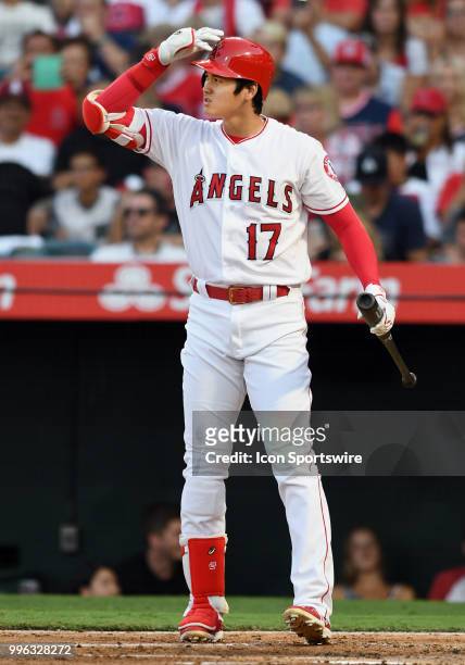 Los Angeles Angels of Anaheim designated hitter Shohei Ohtani during an at bat in the first inning of a game against the Seattle Mariners played on...
