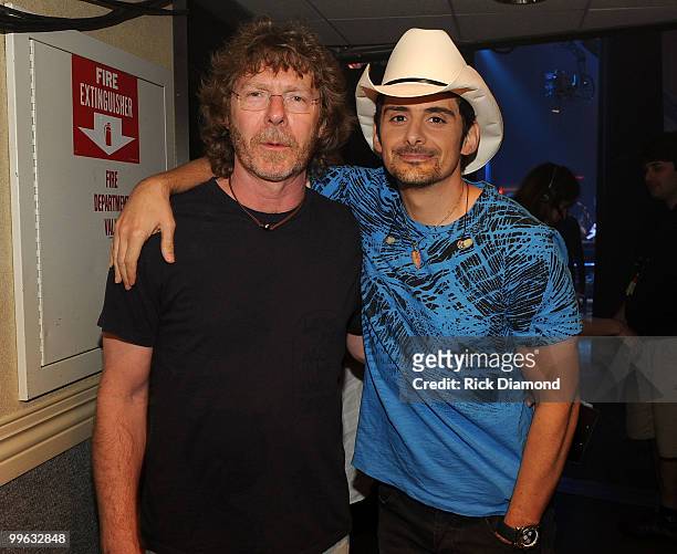 Singers/Songwriters Sam Bush and Brad Paisley backstage during the "Music City Keep on Playin'" benefit concert at the Ryman Auditorium on May 16,...