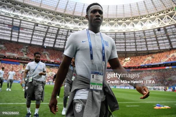 Danny Welbeck of England looks on during a pitch inspection prior to the 2018 FIFA World Cup Russia Semi Final match between England and Croatia at...