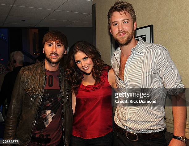 Country Rock Trio Lady Antebellum, Dave Haywood, Hillary Scott and Charles Kelley backstage during the Music City Keep on Playin' benefit concert at...