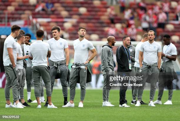 England players attend pitch inspection prior to the 2018 FIFA World Cup Russia Semi Final match between England and Croatia at Luzhniki Stadium on...