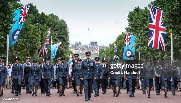 In this handout image provided by the Ministry of Defence, Royal Air Force personnel, parade down the Mall in London, as part in the RAF100 parade...