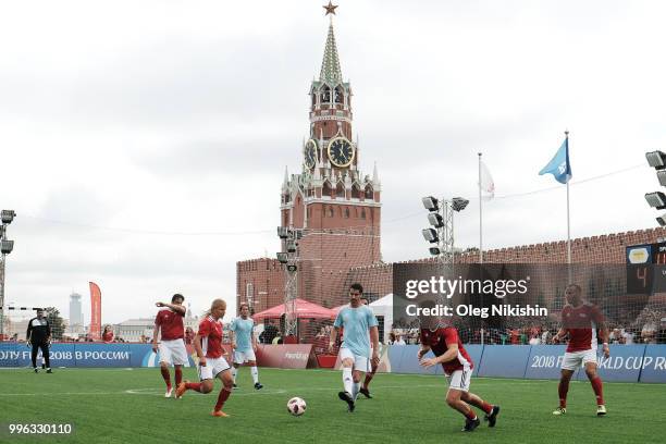 Marina Fedorova, Juan Pablo Angel and Andrey Tikhonov in action during the Legends Football Match in "The park of Soccer and rest" at Red Square on...