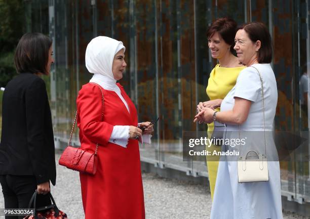 First Lady of Turkey Emine Erdogan , chats with NATO Secretary General Stoltenberg's partner Ingrid Schulerud and Belgian Prime Minister Michel's...