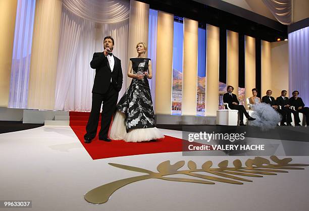Australian actor Russell Crowe and Australian actress Cate Blanchett speak next to jury members during the opening ceremony of the 63rd Cannes Film...