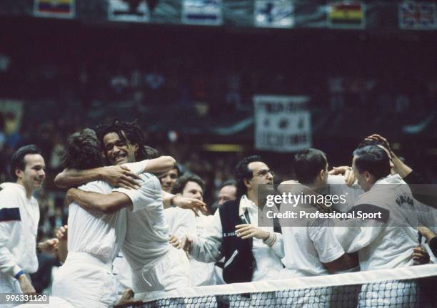 The French Davis Cup team celebrate after they defeat the USA in the Final of the Davis Cup at the Palais des Sports de Gerland in Lyon, France on...