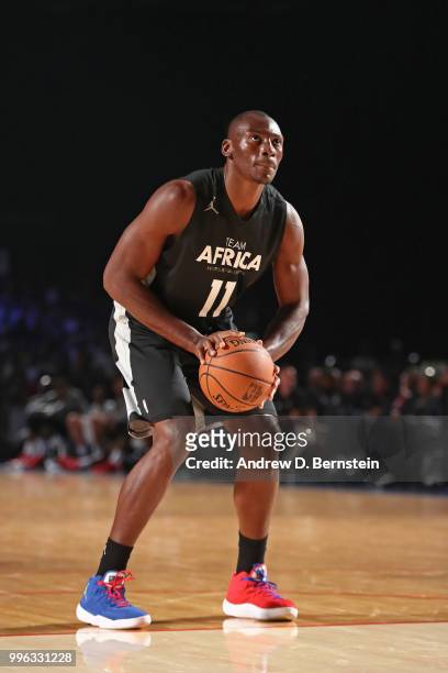 Bismack Biyombo of Team Africa shoots a foul shot against Team World in the 2017 Africa Game as part of the Basketball Without Borders Africa at the...
