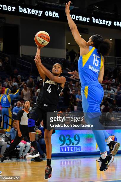Las Vegas Aces guard Moriah Jefferson shoots against Chicago Sky forward Gabby Williams on July 10, 2018 at the Wintrust Arena in Chicago, Illinois.