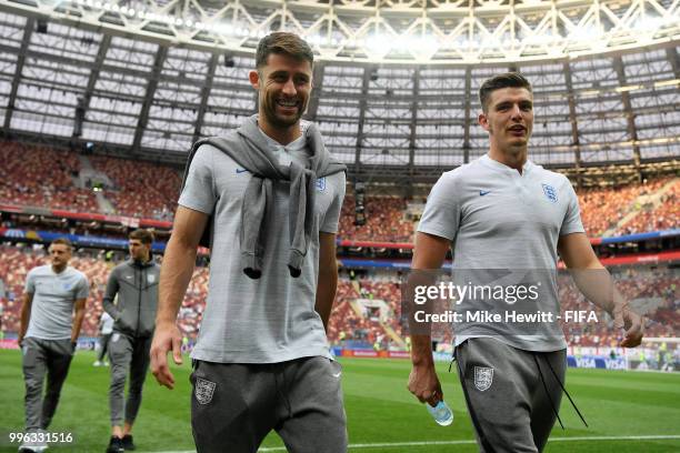 Gary Cahill of England and Nick Pope of England speak during a pitch inspection prior to the 2018 FIFA World Cup Russia Semi Final match between...