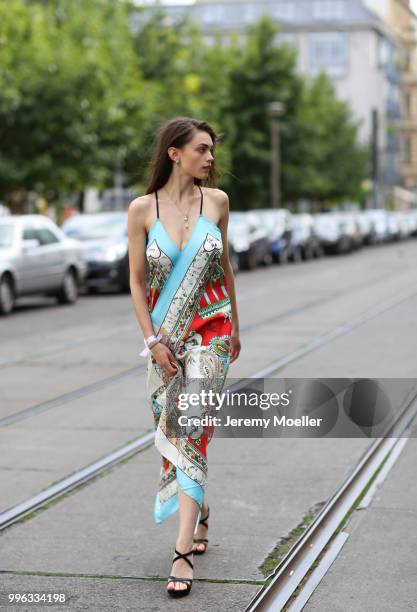 Charlie Weiss wearing a lalaBerlin dress and she attends the Magazine Lauch Party on July 6, 2018 in Berlin, Germany. .