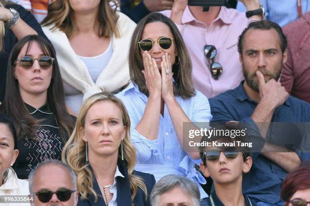 Pippa Middleton and James Middleton attend day nine of the Wimbledon Tennis Championships at the All England Lawn Tennis and Croquet Club on July 11,...