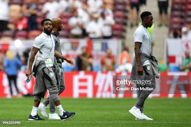 Danny Rose of England looks on during a pitch inspection prior to the 2018 FIFA World Cup Russia Semi Final match between England and Croatia at...