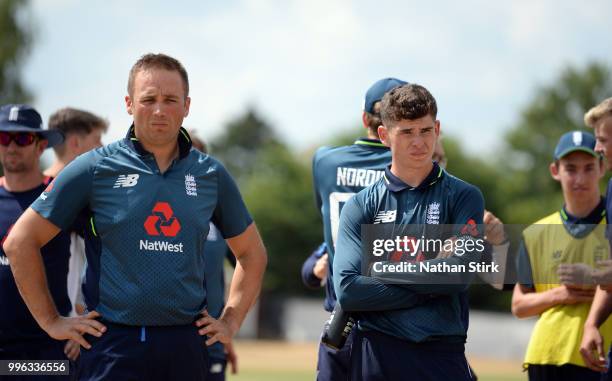 Iain Nairn and Liam O'Brien of England look on after defeat to Pakistan during the Vitality IT20 Physical Disability Tri-Series match between England...