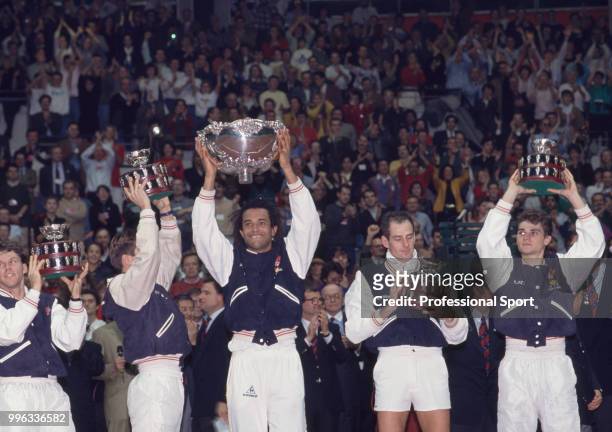 The French Davis Cup team lift their trophies after defeating USA in the Final of the Davis Cup at the Palais des Sports de Gerland in Lyon, France...