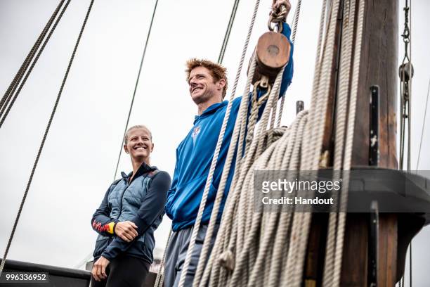 In this handout image provided by Red Bull, Andy Jones of the USA and Rhiannan Iffland of Australia onboard the caravel Vera Cruz while sailing on...