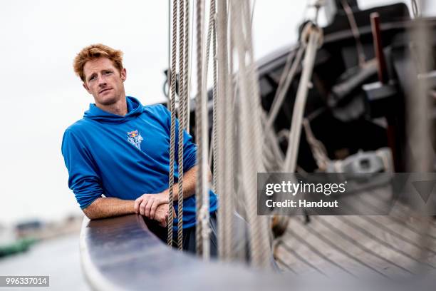 In this handout image provided by Red Bull, Andy Jones of the USA onboard the caravel Vera Cruz prior to the third stop of the Red Bull Cliff Diving...