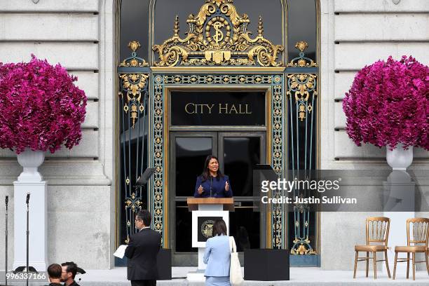 San Francisco mayor-elect London Breed rehearses her speech before the start of her inauguration at San Francisco City Hall on July 11, 2018 in San...