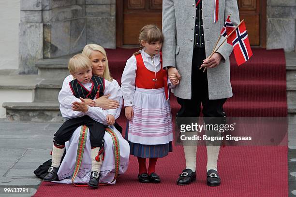 Prince Sverre Magnus of Norway, Crown Princess Mette-Marit of Norway and Princess Ingrid Alexandra of Norway attend The Children's Parade on Norway's...