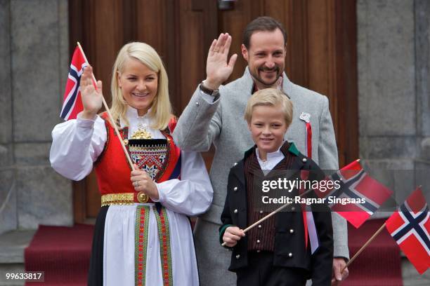 Crown Princess Mette-Marit of Norway, Crown Prince Haakon of Norway and Master Marius Borg Hoiby attend The Children's Parade on Norway's National...