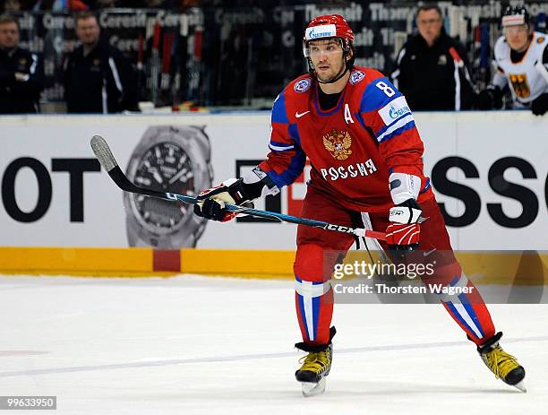 Alexander Ovechkin of Russia looks on during the IIHF World Championship qualification round match between Russia and Germany at Lanxess Arena on May...