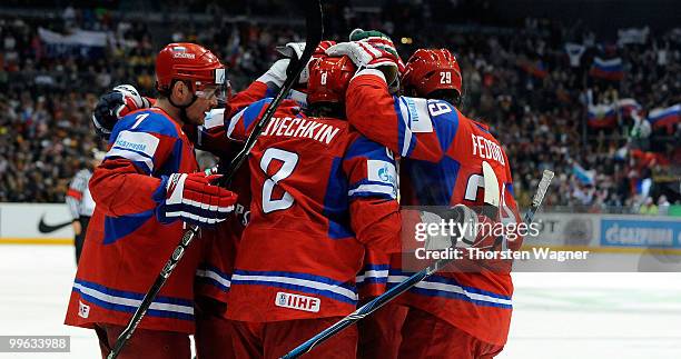 Players of Russia celebrates after Alexander Ovechkin is scoring the 3:1 during the IIHF World Championship qualification round match between Russia...