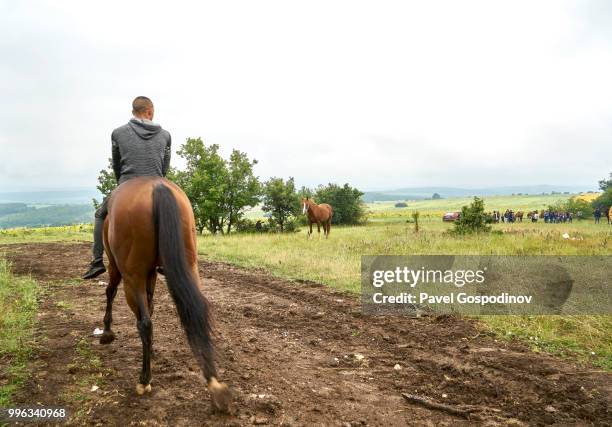 young romanies (gypsies) preparing for a horse show during the traditional national festivity in the neighborhood of baba kondu in the municipality of targovishte, bulgaria - pavel gospodinov stockfoto's en -beelden