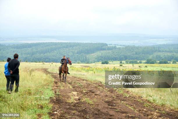 young roma men (gypsies) participating in a horse competition during the traditional national festivity in the neighborhood of baba kondu in the municipality of targovishte, bulgaria - pavel gospodinov stockfoto's en -beelden