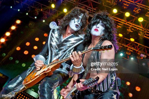 Tommy Thayer and Paul Stanley of KISS perform on stage during their Sonic Boom Over Europe tour at Wembley Arena on May 12, 2010 in London, England.