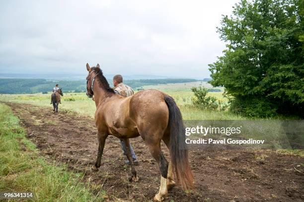 young roma men (gypsies) participating in a horse competition during the traditional national festivity in the neighborhood of baba kondu in the municipality of targovishte, bulgaria - pavel gospodinov stockfoto's en -beelden