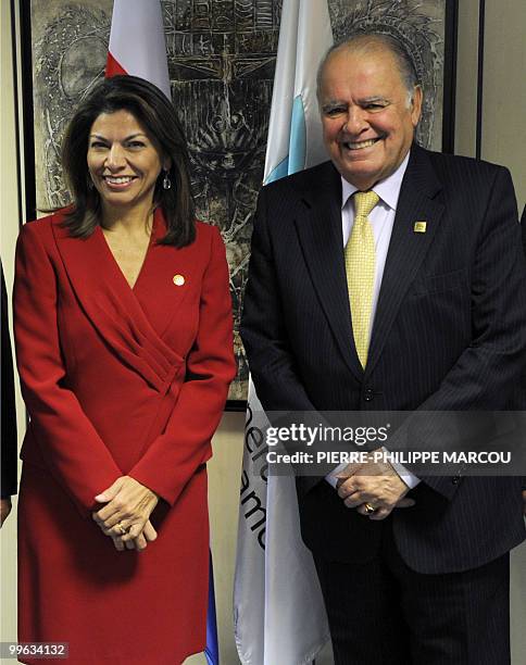 President of Costa Rica Laura Chinchilla Miranda poses with Ibero-American Secretary-General Enrique Iglesias in Madrid on May 17, 2010 during the...