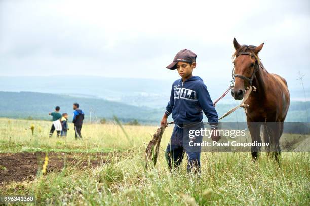 young roma boy (gypsy) with his horse during at the horse competition during the traditional national festivity in the neighborhood of baba kondu in the municipality of targovishte, bulgaria - jockey isolated stock pictures, royalty-free photos & images