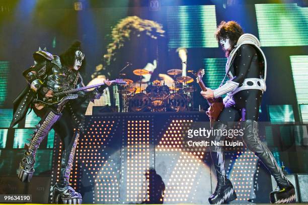 Gene Simmons and Tommy Thayer of KISS perform on stage during their Sonic Boom Over Europe tour at Wembley Arena on May 12, 2010 in London, England.