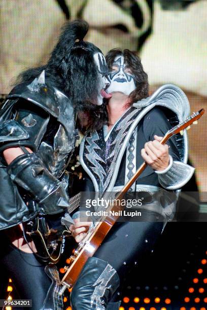Gene Simmons and Tommy Thayer of KISS perform on stage during their Sonic Boom Over Europe tour at Wembley Arena on May 12, 2010 in London, England.