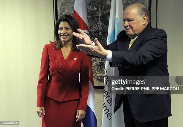 President of Costa Rica Laura Chinchilla Miranda poses with Ibero-American Secretary-General Enrique Iglesias in Madrid on May 17, 2010 during the...