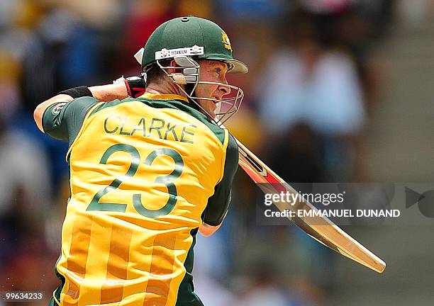 Australian captain Michael Clarke plays a shot during the Men's ICC World Twenty20 final match between Australia and England at the Kensington Oval...