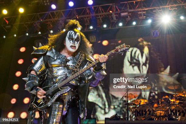 Gene Simmons of KISS performs on stage during their Sonic Boom Over Europe tour at Wembley Arena on May 12, 2010 in London, England.