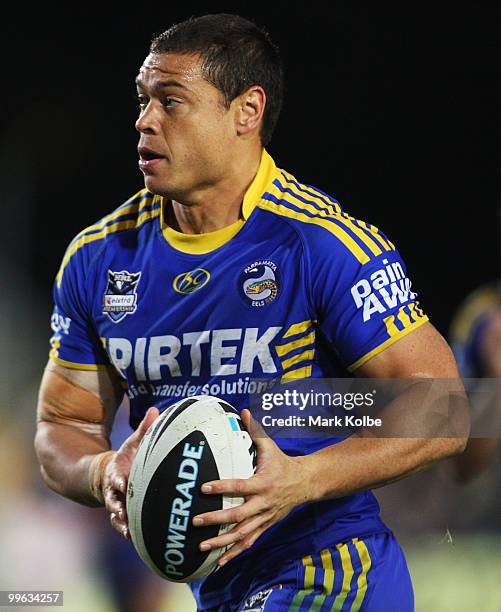 Timana Tahu of the Eels runs the ball during the round ten NRL match between the Manly Sea Eagles and the Parramatta Eels at Brookvale Oval on May...