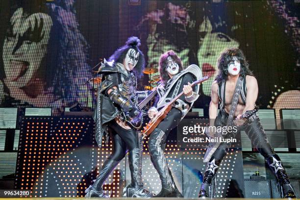 Gene Simmons, Tommy Thayer and Paul Stanley of KISS perform on stage during their Sonic Boom Over Europe tour at Wembley Arena on May 12, 2010 in...