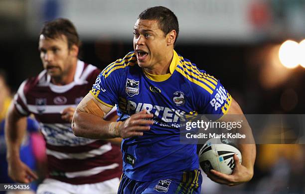 Timana Tahu of the Eels runs the ball during the round ten NRL match between the Manly Sea Eagles and the Parramatta Eels at Brookvale Oval on May...