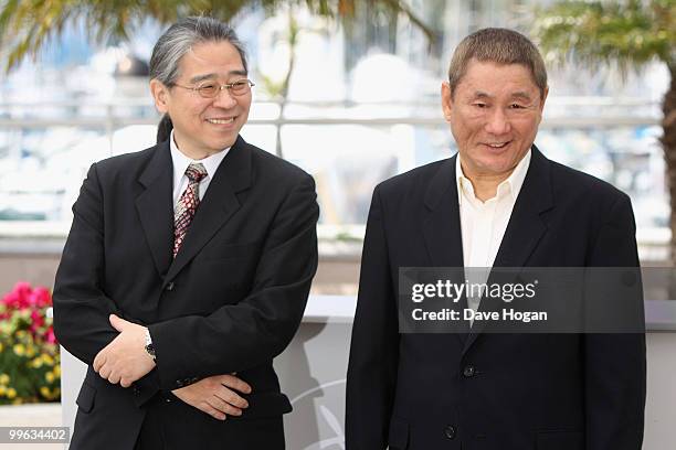 Actor Masayuki Mori and director Takeshi Kitano attend the "Outrage" Photocall at the Salon Diane at The Majestic during the 63rd Annual Cannes Film...