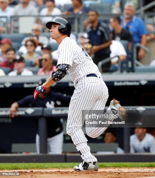 Kyle Higashioka of the New York Yankees runs the bases watching his home run in an interleague MLB baseball game against the Atlanta Braves on July...