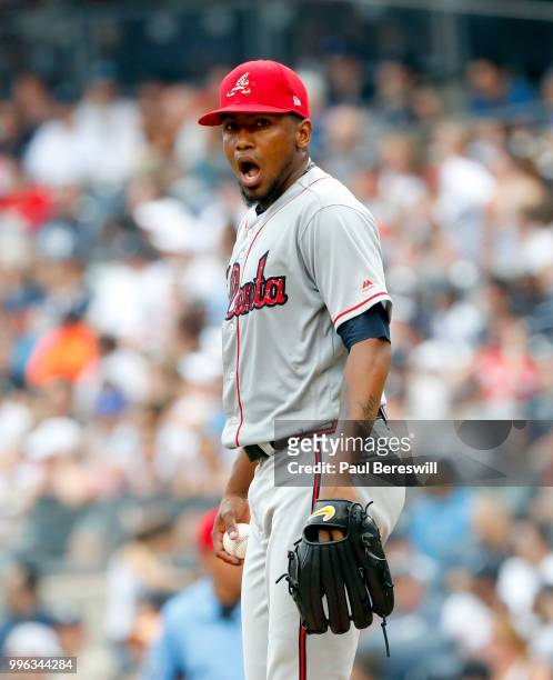 Pitcher Julio Teheran of the Atlanta Braves reacts in an interleague MLB baseball game against the New York Yankees on July 4, 2018 at Yankee Stadium...
