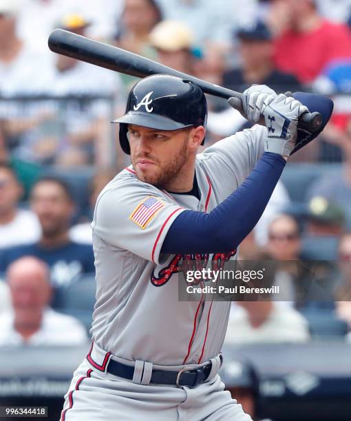 Freddie Freeman of the Atlanta Braves bats in an interleague MLB baseball game against the New York Yankees on July 4, 2018 at Yankee Stadium in the...