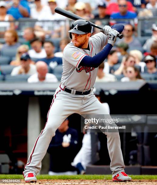 Freddie Freeman of the Atlanta Braves bats in an interleague MLB baseball game against the New York Yankees on July 4, 2018 at Yankee Stadium in the...