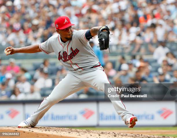 Pitcher Julio Teheran of the Atlanta Braves pitches in an interleague MLB baseball game against the New York Yankees on July 4, 2018 at Yankee...