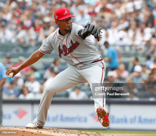 Pitcher Julio Teheran of the Atlanta Braves pitches in an interleague MLB baseball game against the New York Yankees on July 4, 2018 at Yankee...
