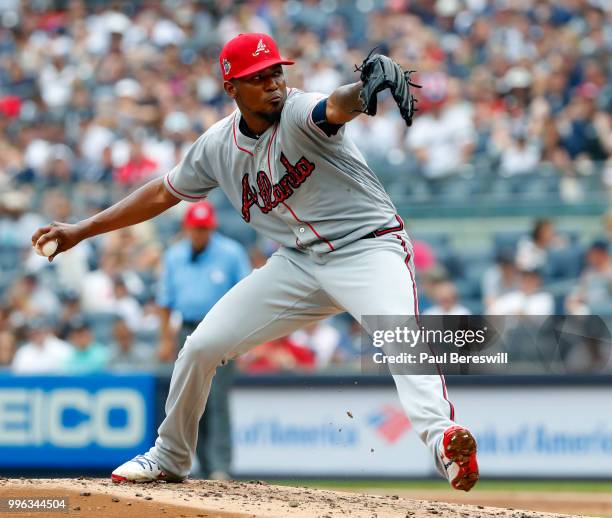 Pitcher Julio Teheran of the Atlanta Braves pitches in an interleague MLB baseball game against the New York Yankees on July 4, 2018 at Yankee...