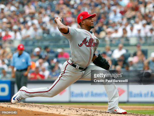 Pitcher Julio Teheran of the Atlanta Braves pitches in an interleague MLB baseball game against the New York Yankees on July 4, 2018 at Yankee...